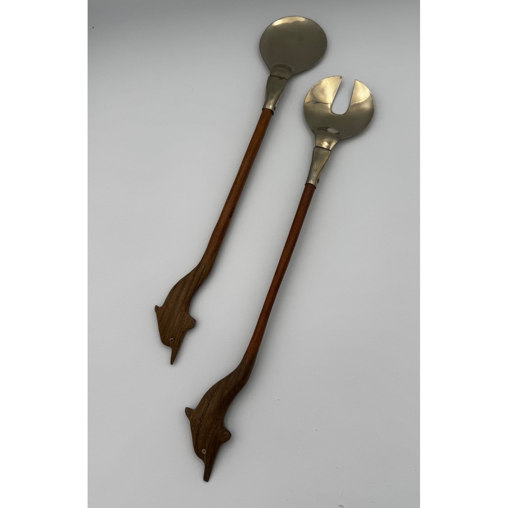VINTAGE MCM Dolphin Salad Server Set - Solid Brass & Hand-Carved Teak Wood 13"